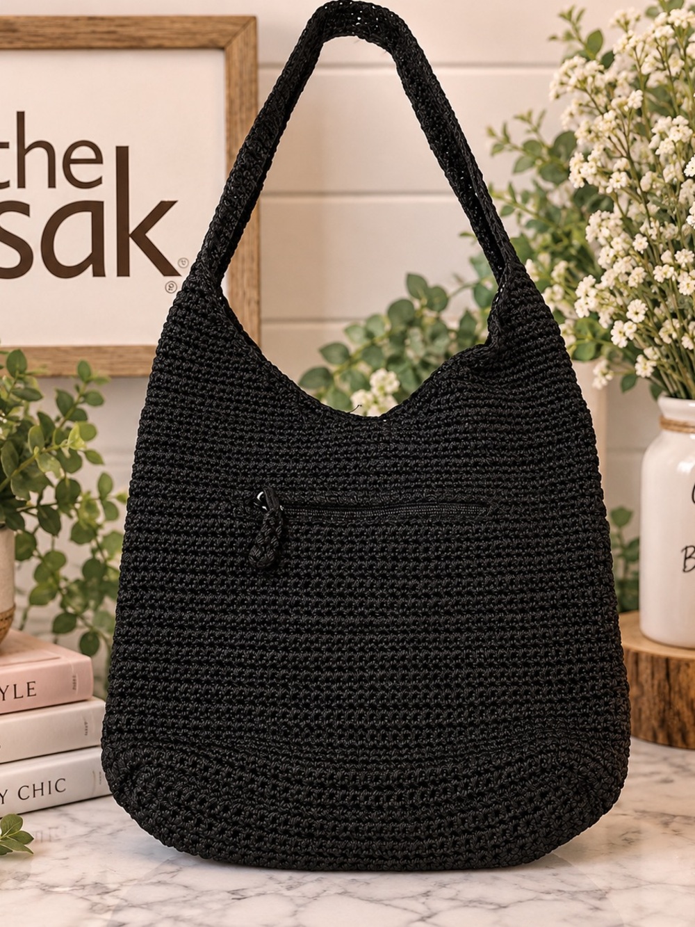 The Sak Black Crochet Shoulder Hobo Bag Large Slouchy Purse